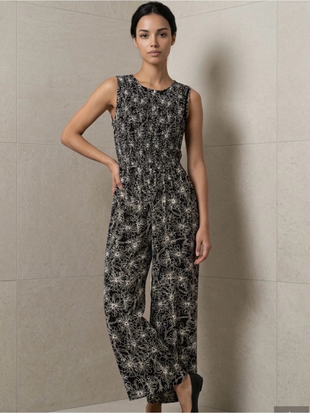 Andrew Marc Black White Floral Print Sleeveless Jumpsuit-M
